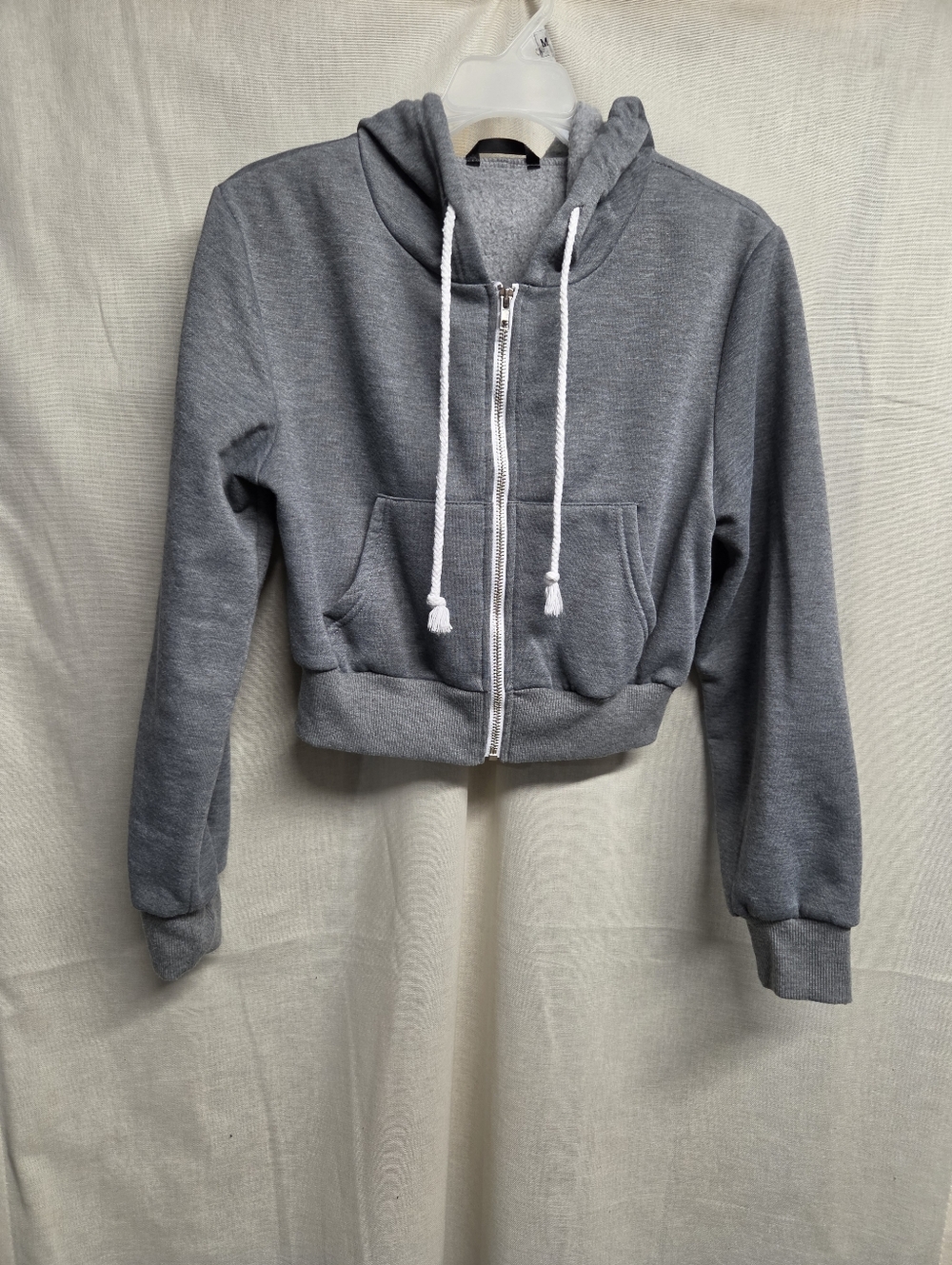 Gray Cropped Zip-Up Hoodie with White Drawstrings